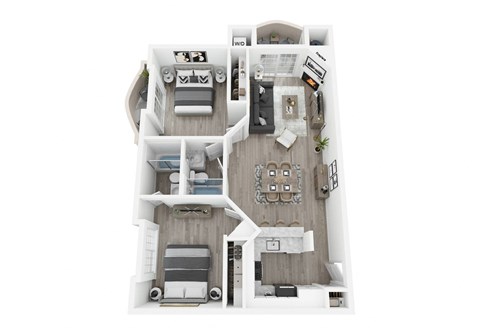 Floor plan for 2 beds, 2 baths, 940 sqft
